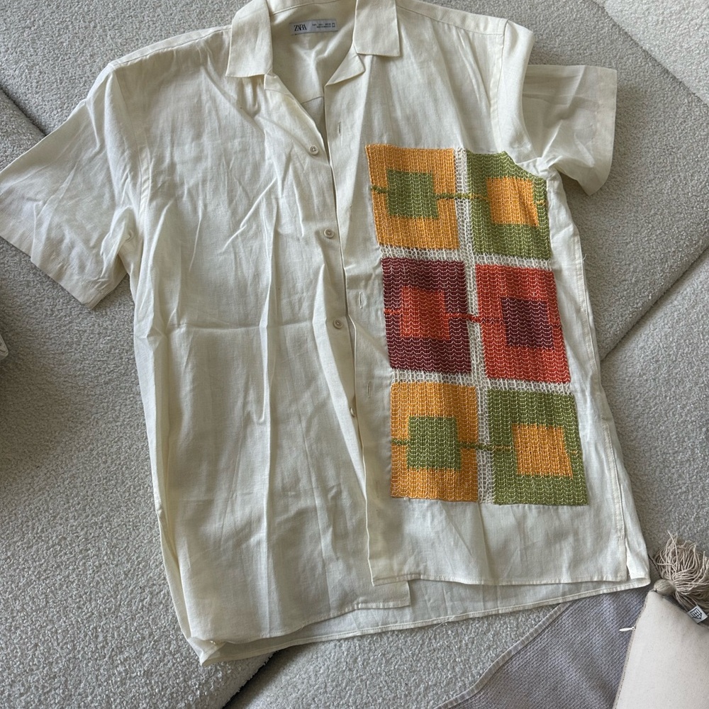 Zara Cream and Green Casual Button Down Shirt
